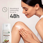 A woman applies moisturizing lotion from a white bottle labeled '7 Days Natural Moisturizing Lotion' to her upper arm. Text on the image reads 'Nourishing & moisturising for up to 48h'.