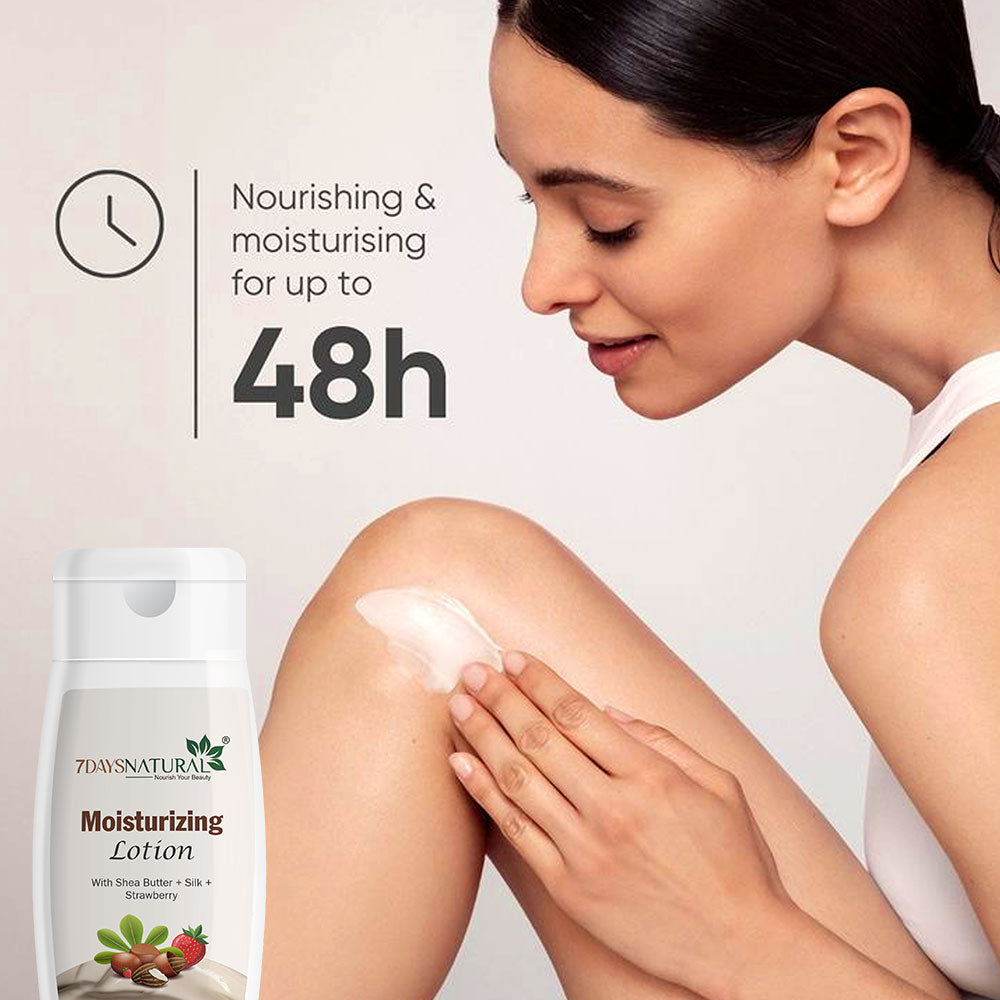 A woman applies moisturizing lotion from a white bottle labeled '7 Days Natural Moisturizing Lotion' to her upper arm. Text on the image reads 'Nourishing & moisturising for up to 48h'.