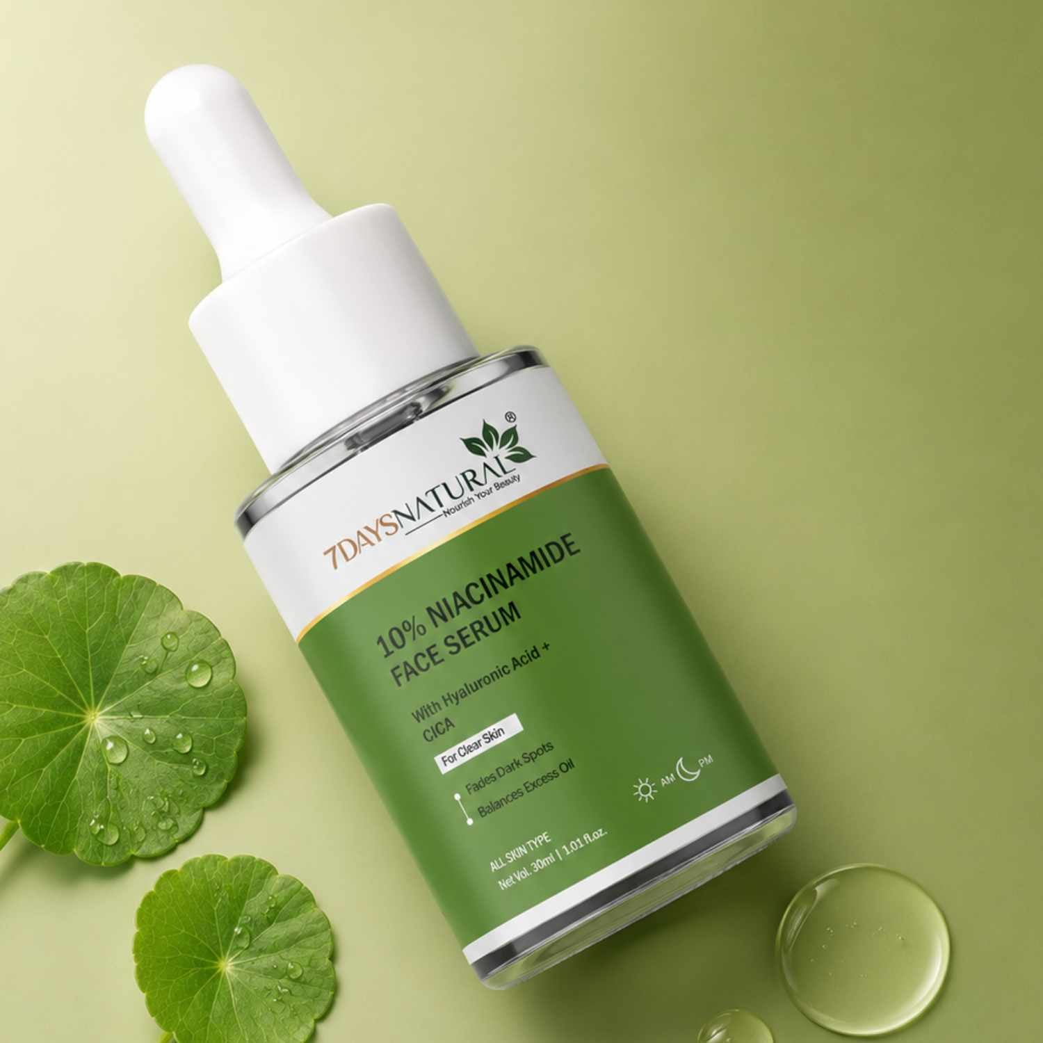 Green face serum bottle with dropper on a green background