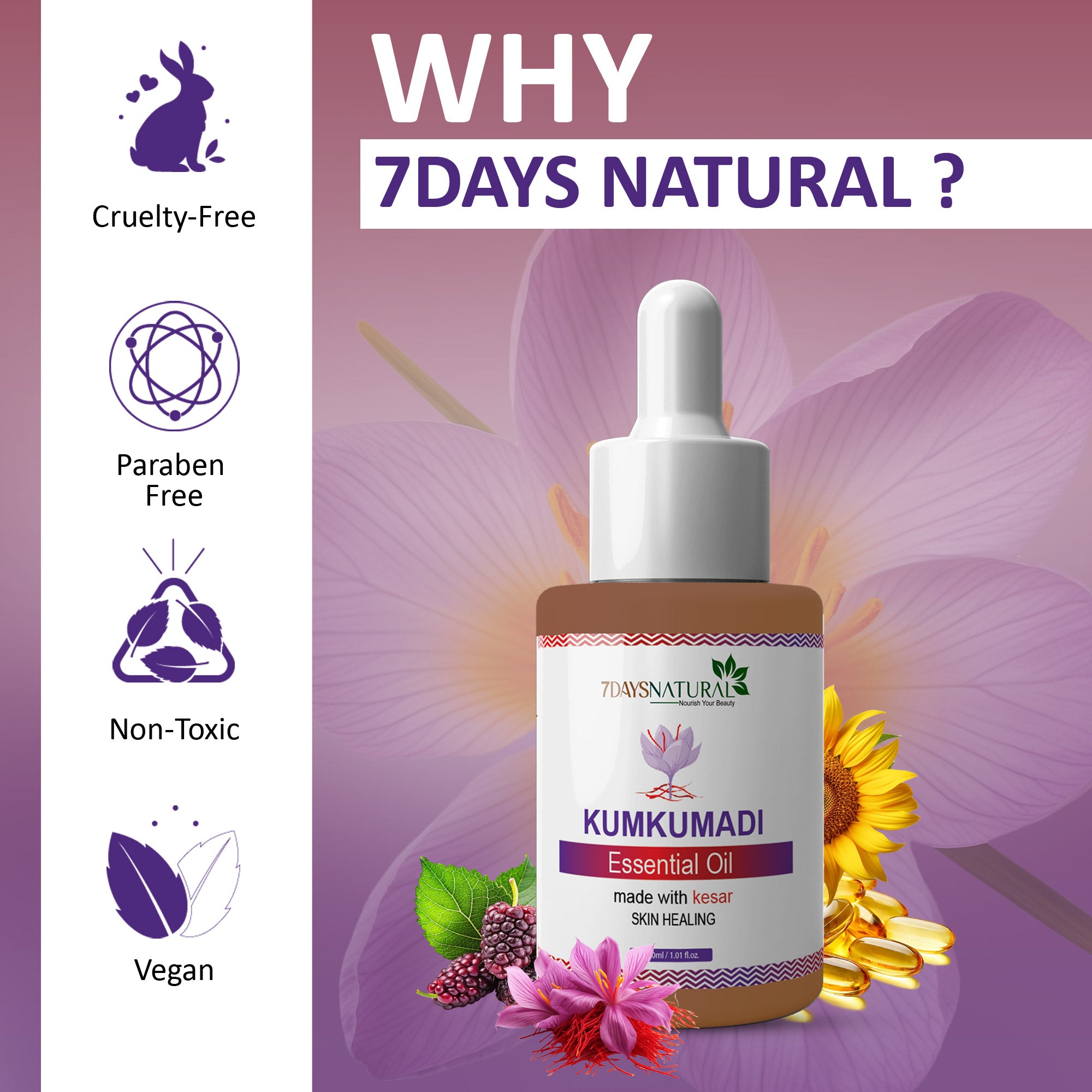 Kumkumadi Essential Oil 30 ml for glowing skin natural way & Diminishes scars, dark circles and dark spots| 7Days Natural