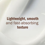 A close-up of a smooth, creamy off-white surface with centered brown text reading 'Lightweight, smooth and fast-absorbing texture'.