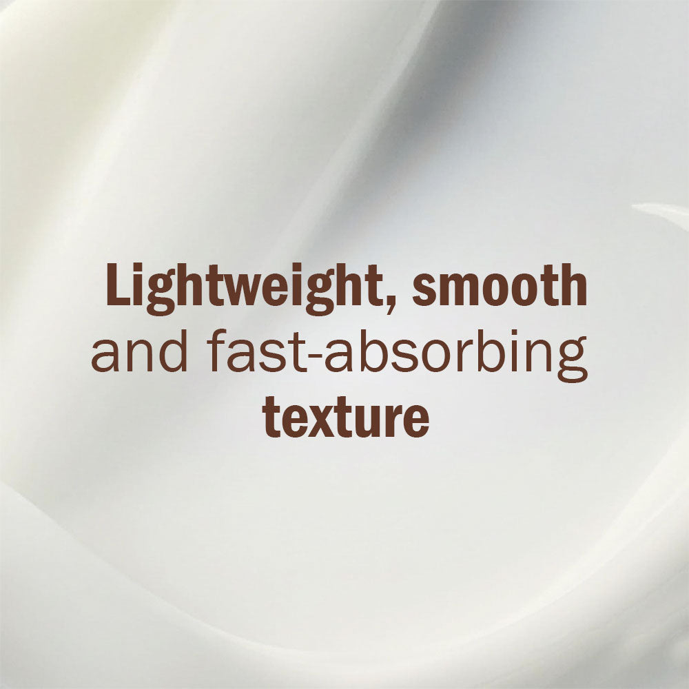 A close-up of a smooth, creamy off-white surface with centered brown text reading 'Lightweight, smooth and fast-absorbing texture'.