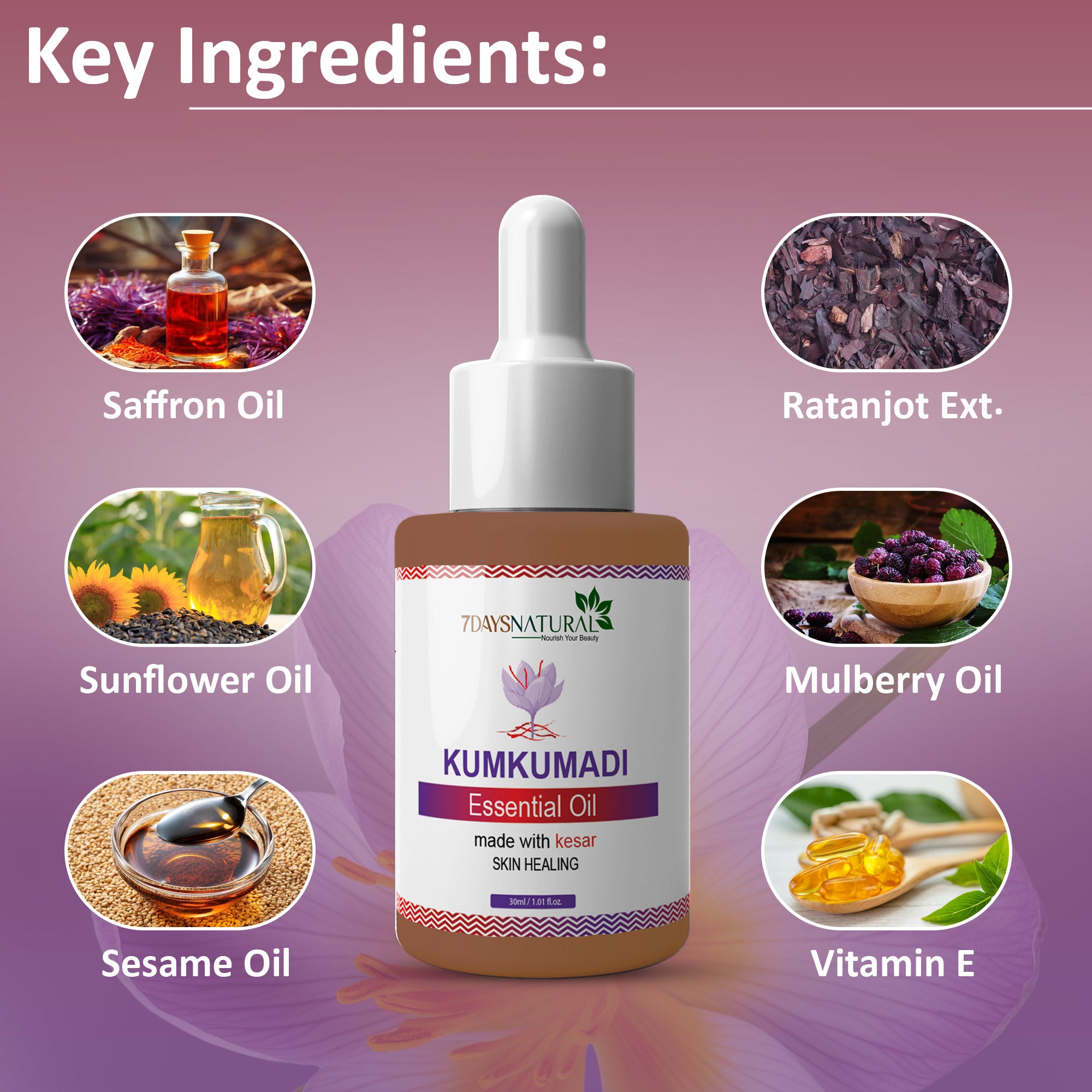 Kumkumadi Essential Oil 30 ml for glowing skin natural way & Diminishes scars, dark circles and dark spots| 7Days Natural