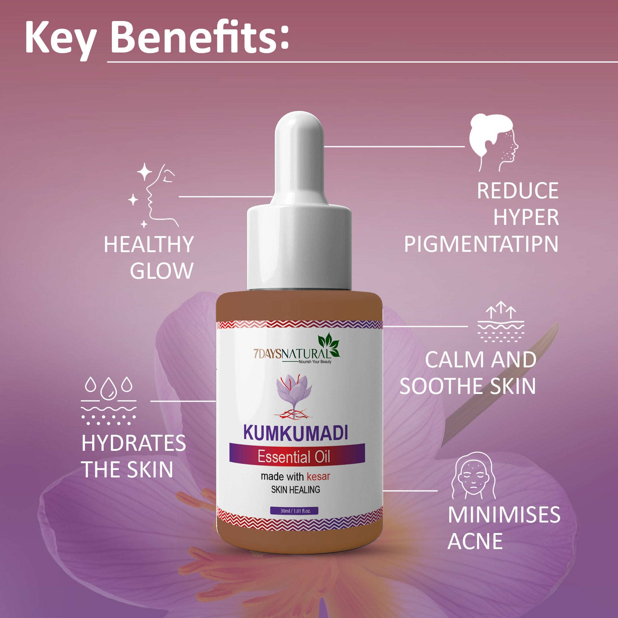 Kumkumadi Essential Oil 30 ml for glowing skin natural way & Diminishes scars, dark circles and dark spots| 7Days Natural