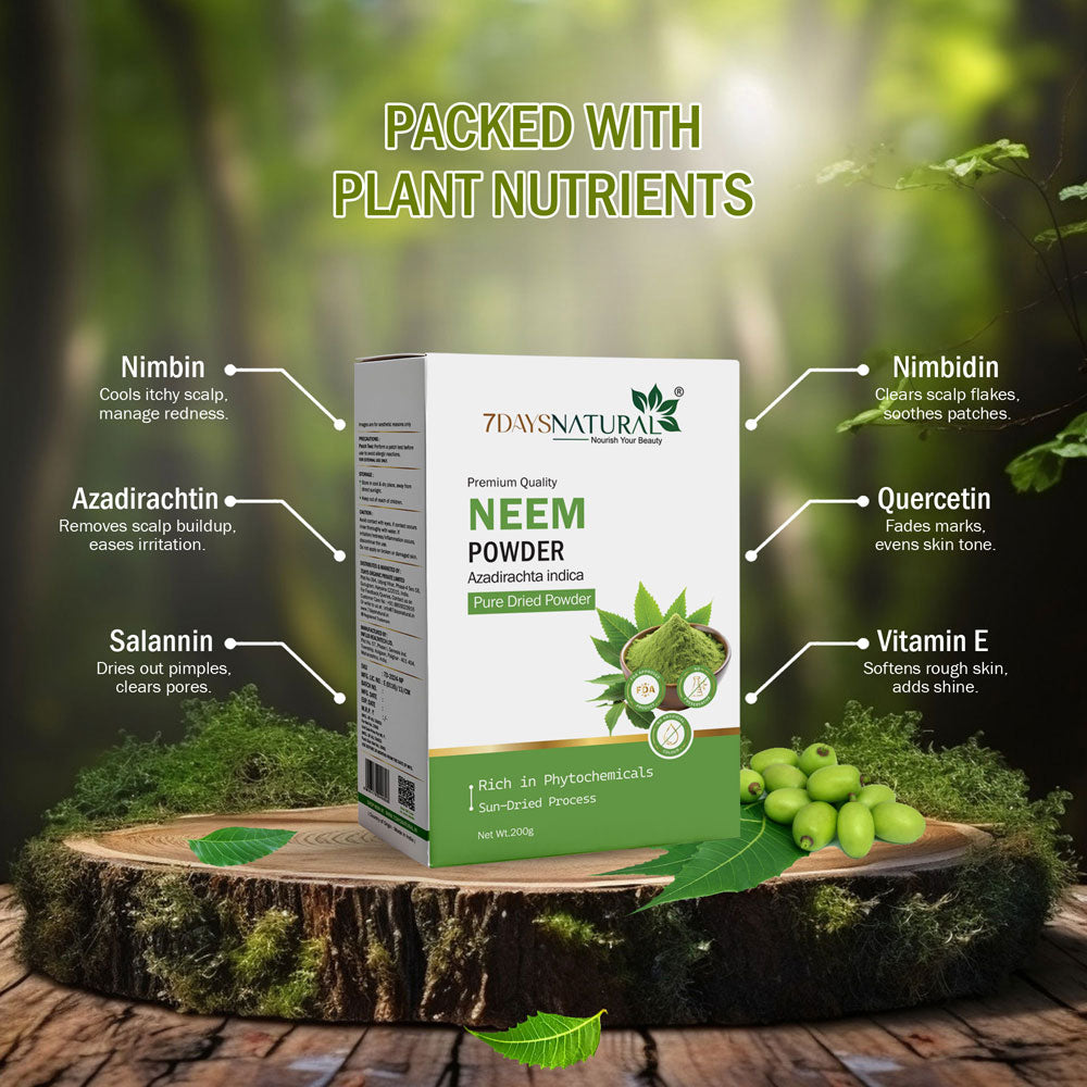 7Days Natural 100% Pure Neem Leaves Powder 200 Grams (Sun Dried & Stemless) for Face, Skin, Hair Growth Pack