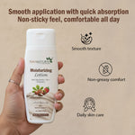 A hand holds a white bottle of 7 DAYS NATURALS Moisturizing Lotion against a beige background with promotional text and icons describing smooth texture, non-greasy comfort, and daily skin care.
