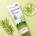 Tube of 7 Days Natural Itch Kure Cream with green leaves on a light yellow background