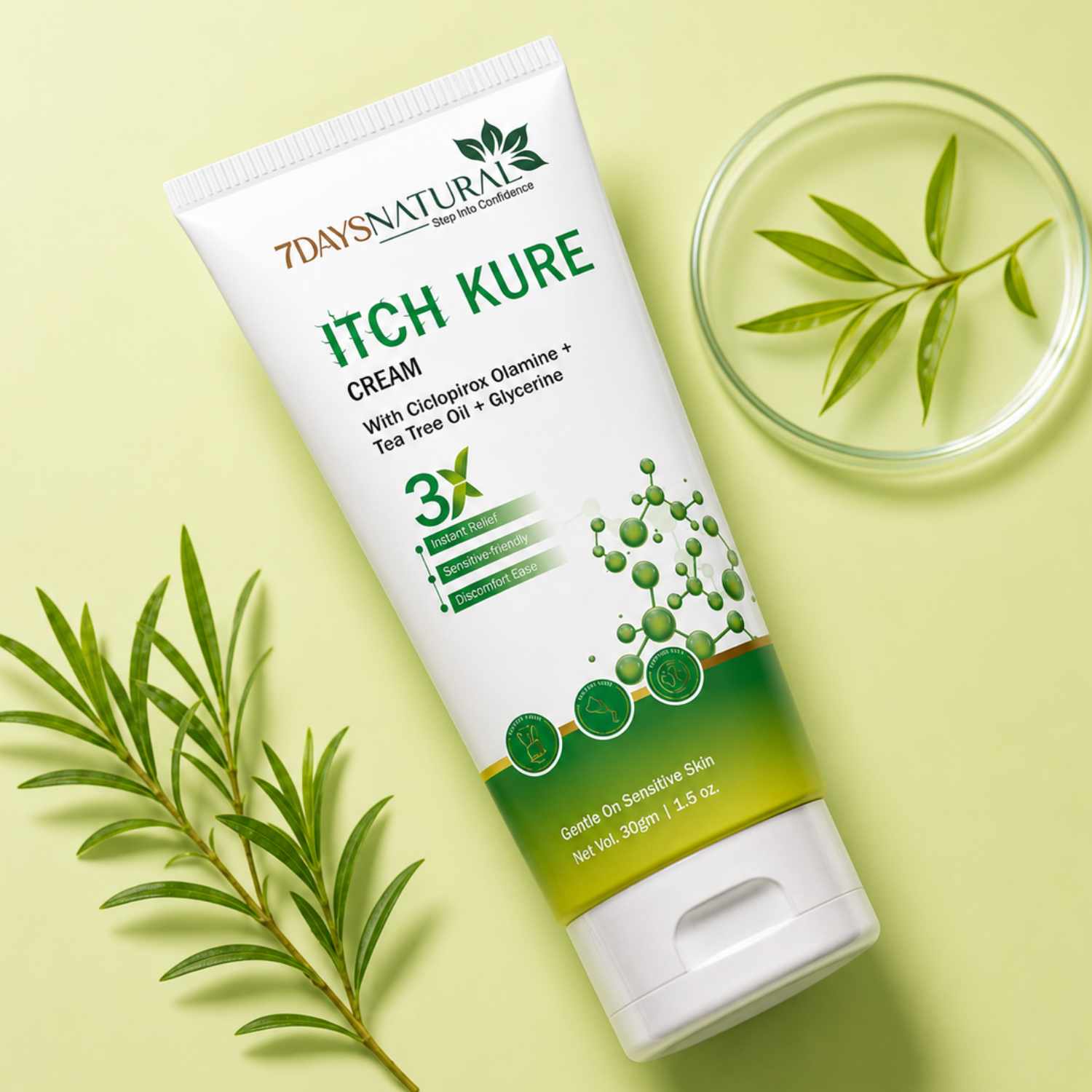 Tube of 7 Days Natural Itch Kure Cream with green leaves on a light yellow background