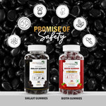 A bottle of 7DaysNatural Shilajit Gummies with mango flavor, shown on a beige background with loose gummies and mangoes.