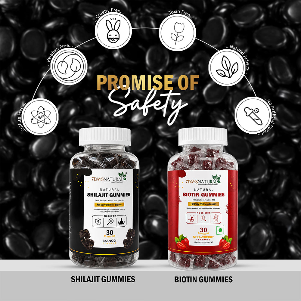 A bottle of 7DaysNatural Shilajit Gummies with mango flavor, shown on a beige background with loose gummies and mangoes.