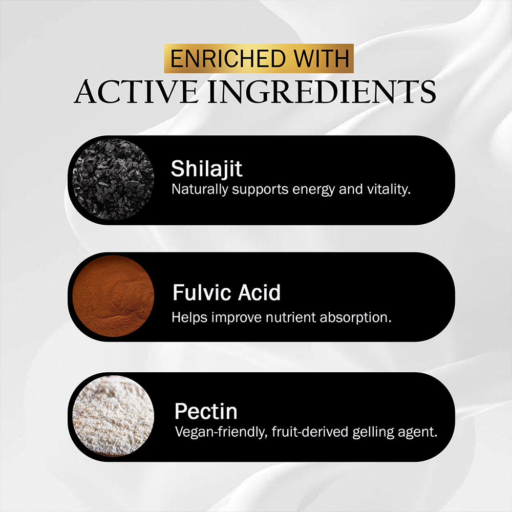 A bottle of 7DaysNatural Shilajit Gummies with mango flavor, shown on a beige background with loose gummies and mangoes.