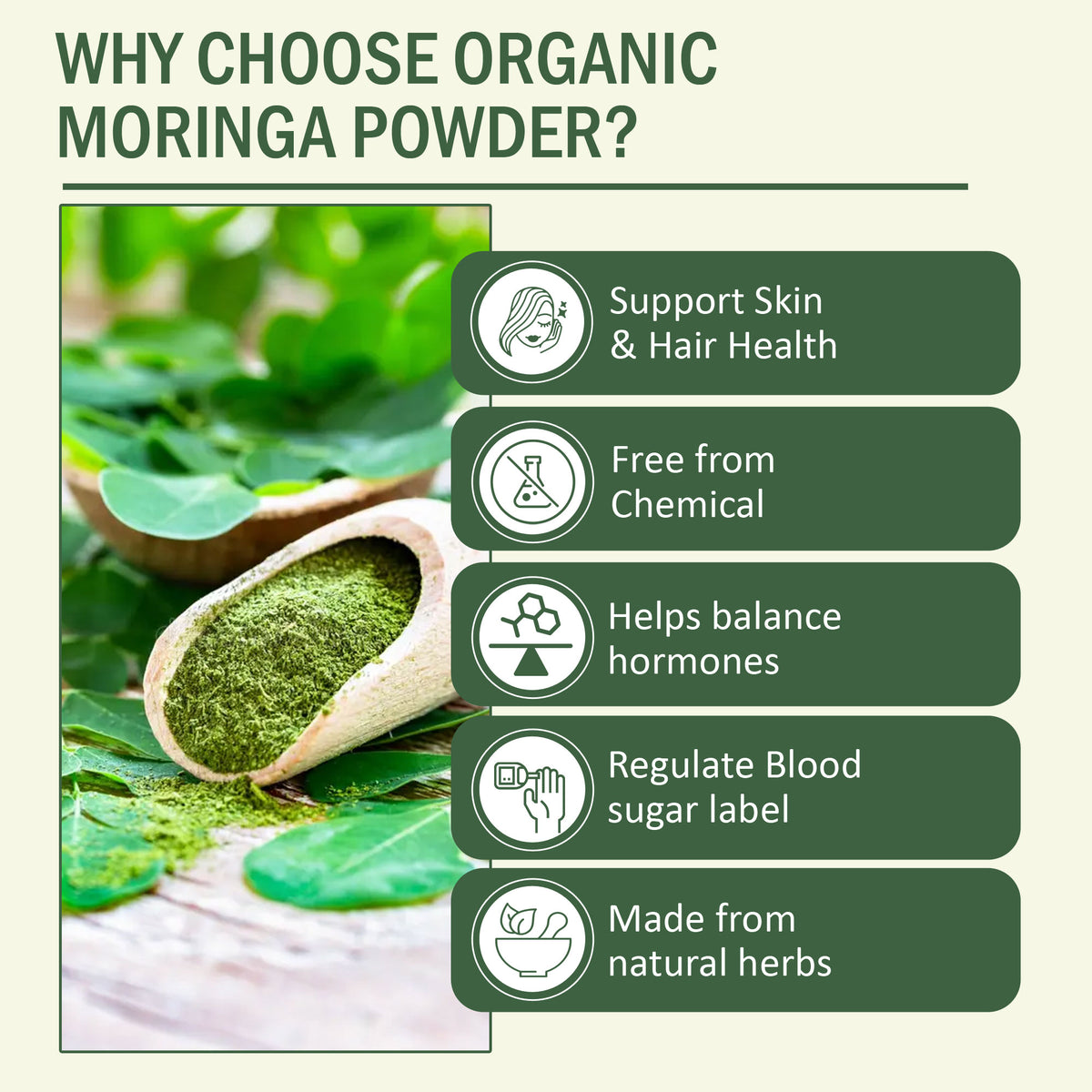 Pure moringa powder for hair and skin routine