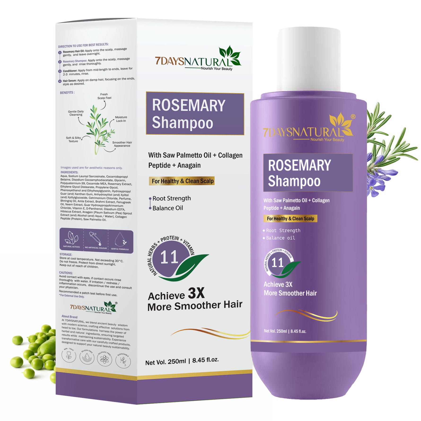 Rosemary Shampoo with Saw Palmetto Oil, Collagen Peptide & Anagain, for Healthy & Clean Scalp, 250ml - 7DaysNatural