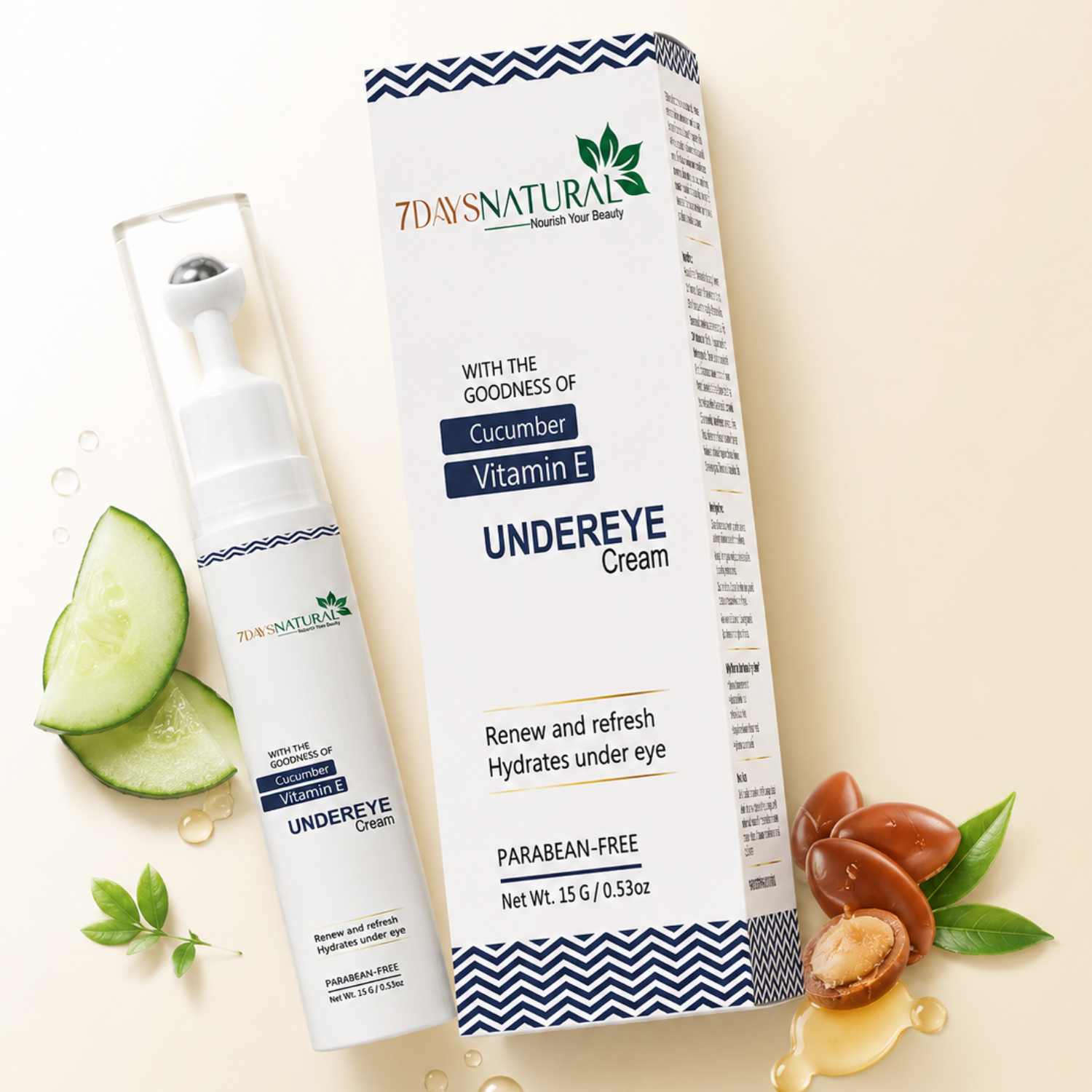 7 Days Natural undereye cream with packaging on a beige background
