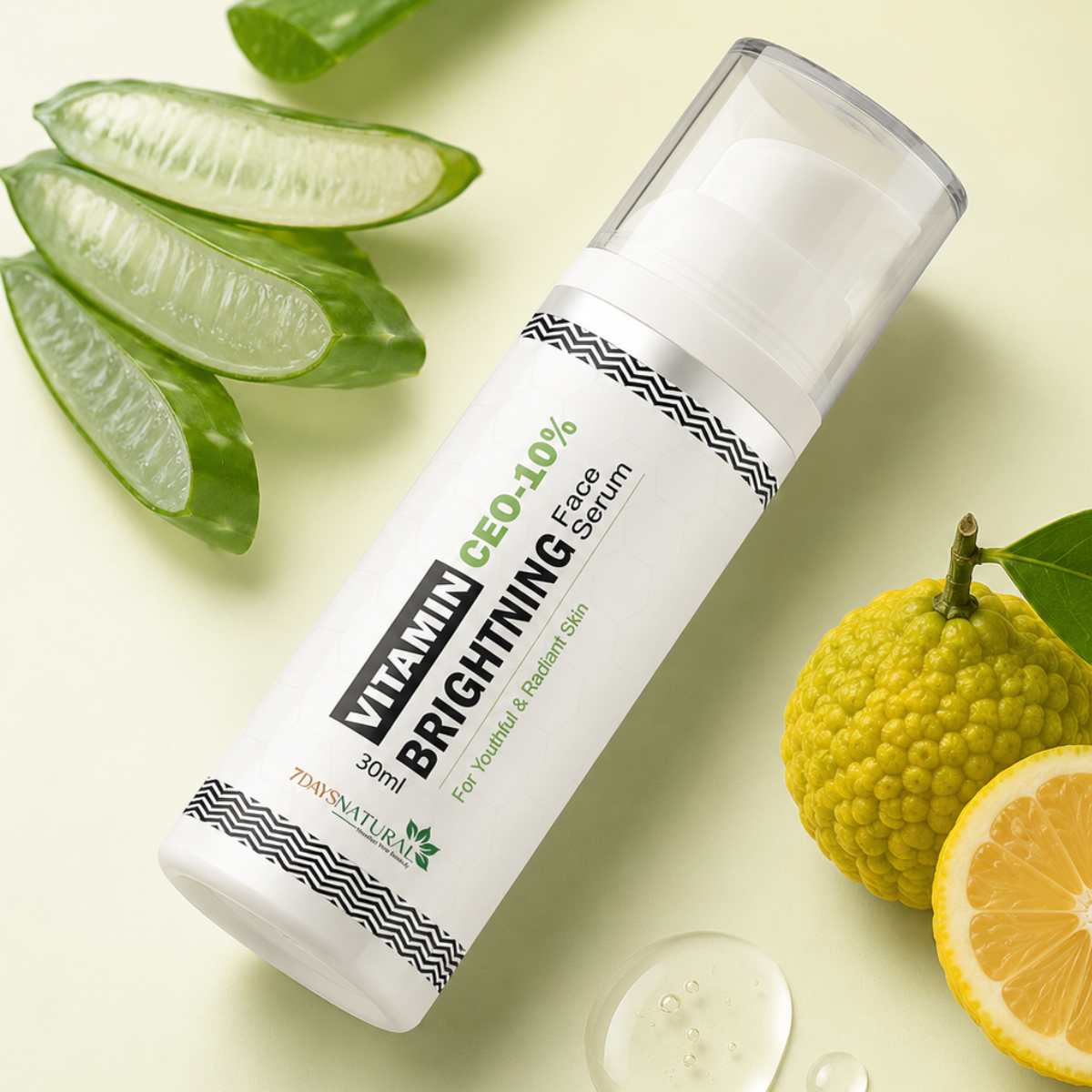 A 30ml pump bottle of 7in7 Natural Vitamin CEO-10% Brightening Serum, styled with fresh aloe vera slices, a yellow citrus fruit, and a lemon slice on a pale yellow background.