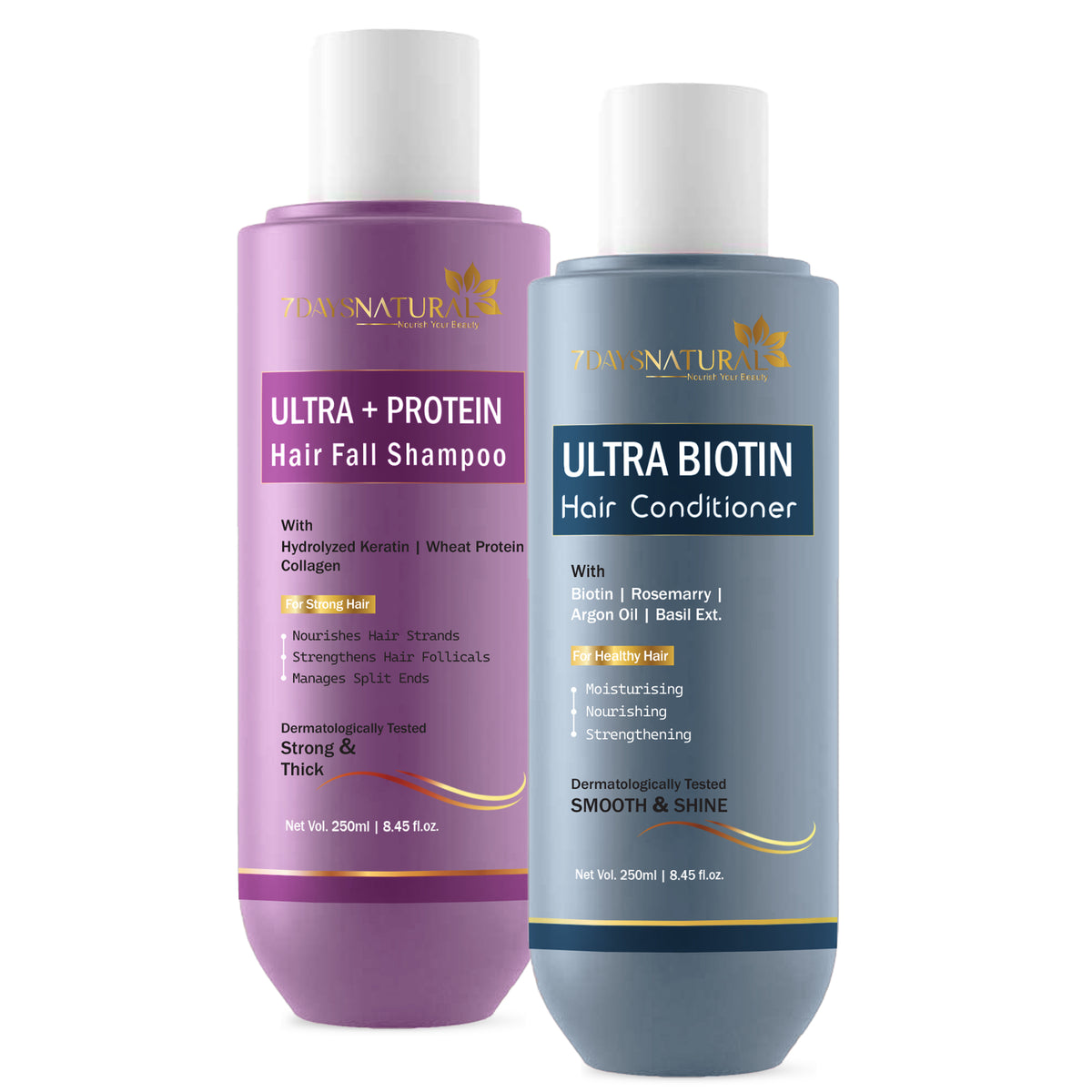 7 Days Natural Ultra Protein Hair Fall Shampoo and Biotin Conditioner Set, 250ml Each, with Keratin and Argan Oil